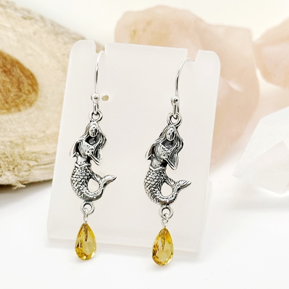 CITRINE Solid Sterling Silver Citrine Mermaid Drop Crystal Earrings